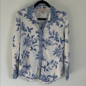 Philosophy Shirt White w Blue Flowers Linen/Viscose Blend Buttoned Top Sz S